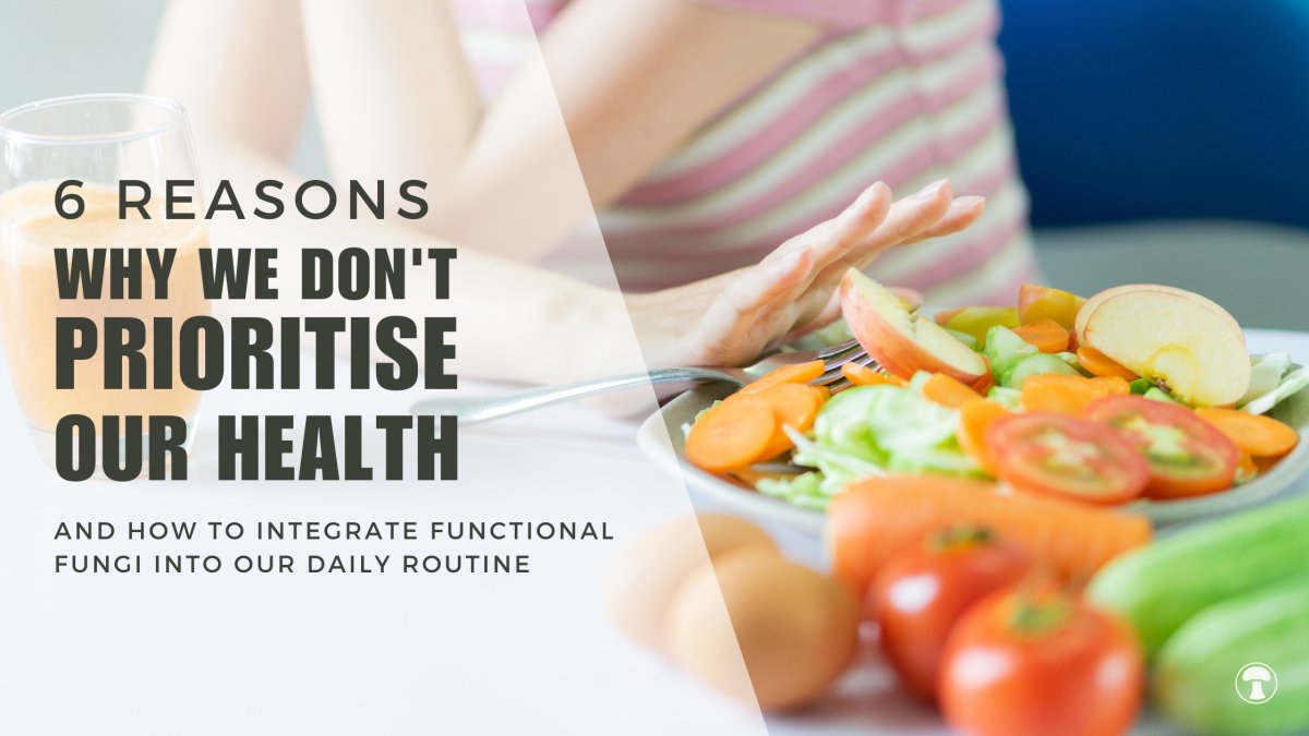 A person at a table gesturing away a plate of fresh salad and vegetables beside a glass of juice — Pure Fungi functional mushroom blog banner