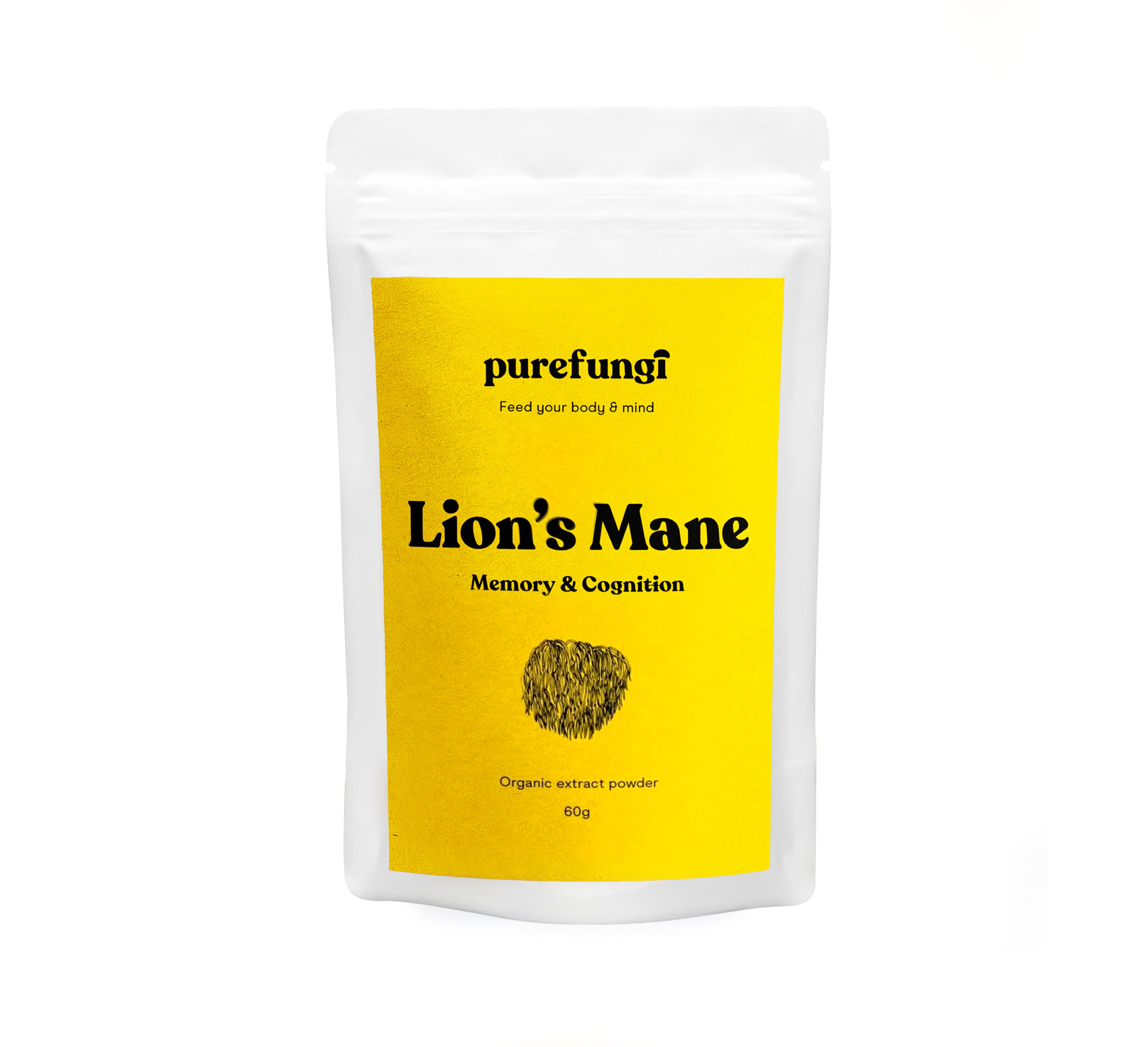 Pure Fungi Lions Mane product pouch on a white background