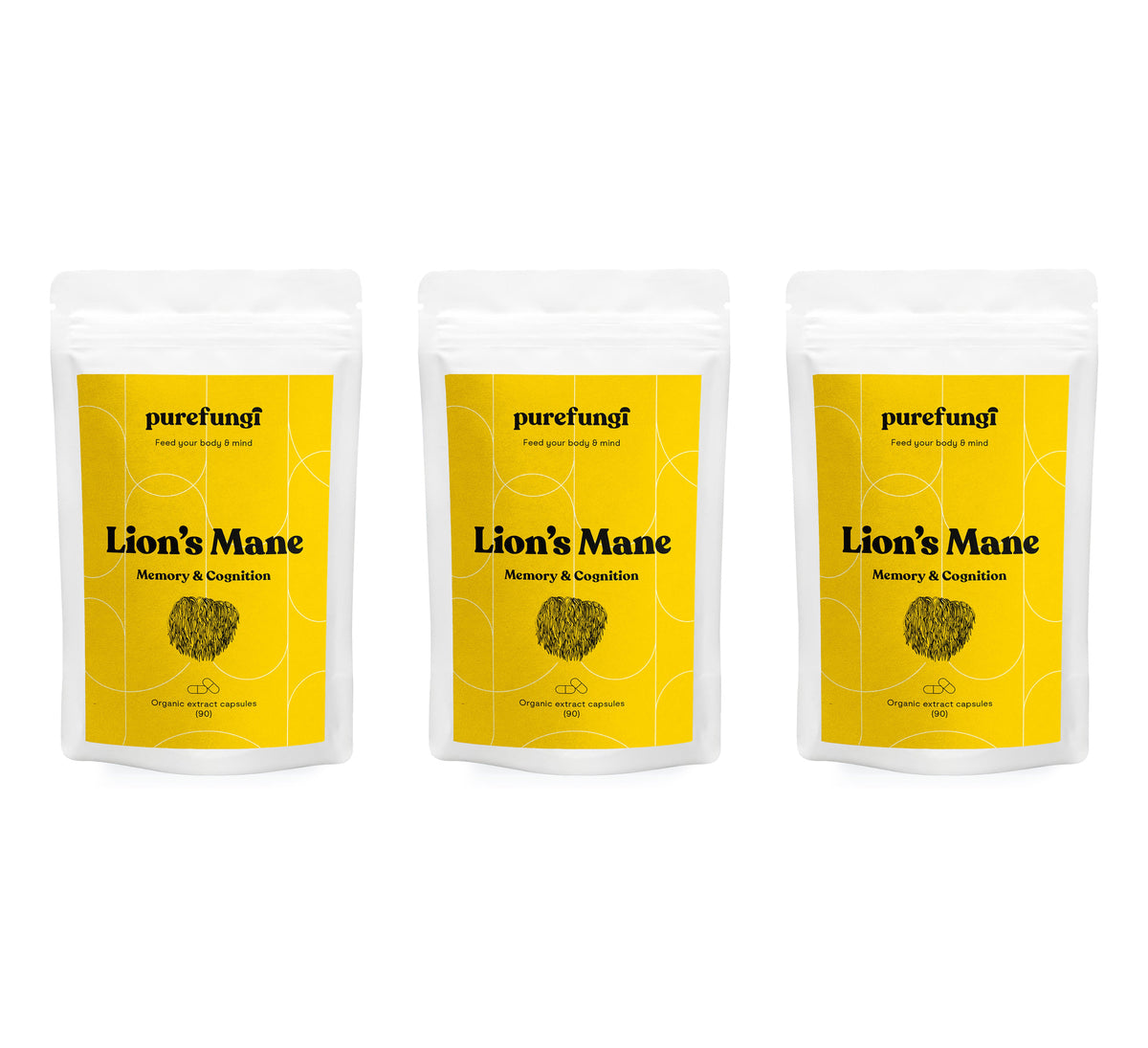 Pure Fungi Lion's Mane Capsules Triple Pack: three Lion's Mane capsule pouches with yellow labels, side by side on a white background