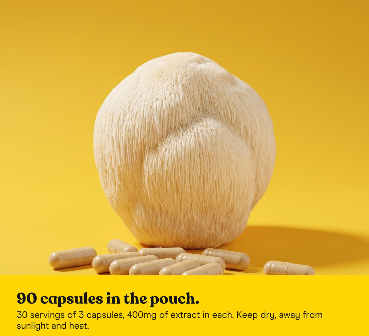 Lion's Mane mushroom beside three Lion's Mane extract capsules: 90 capsules in the pouch, 30 servings of 3 capsules, 400mg of extract in each