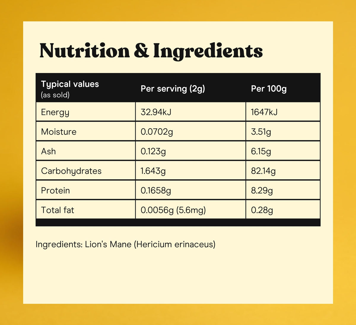 Nutrition and ingredients table, Lion's Mane extract powder: typical values per 2g serving and per 100g, ingredient Lion's Mane (Hericium erinaceus)