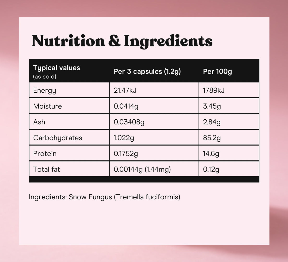 Nutrition and ingredients table, Snow Fungus extract capsules: typical values per 3 capsules (1.2g) and per 100g, ingredient Snow Fungus (Tremella fuciformis)