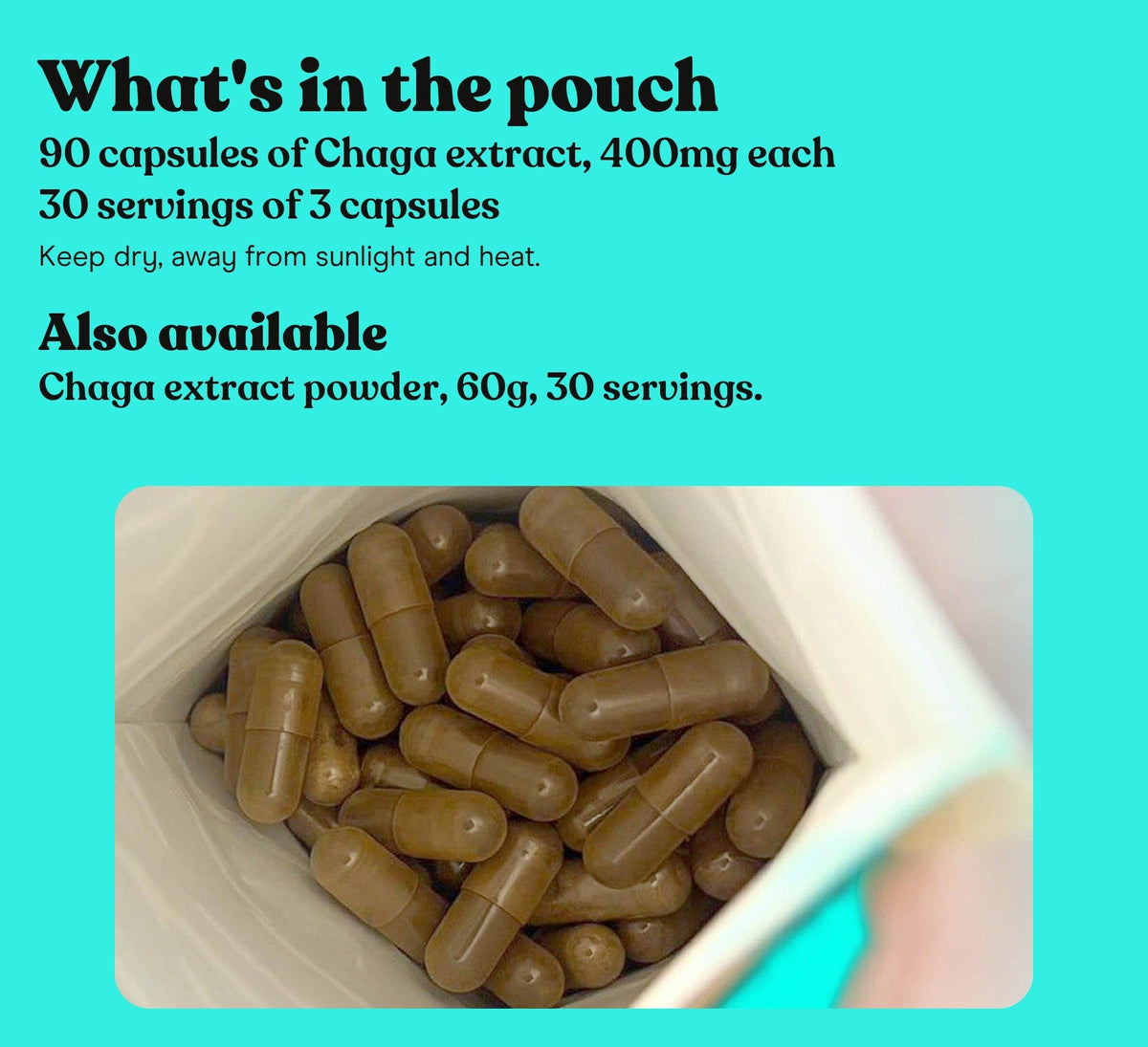 Three Chaga extract capsules in an open hand: one serving is 3 capsules, once or twice a day, with water