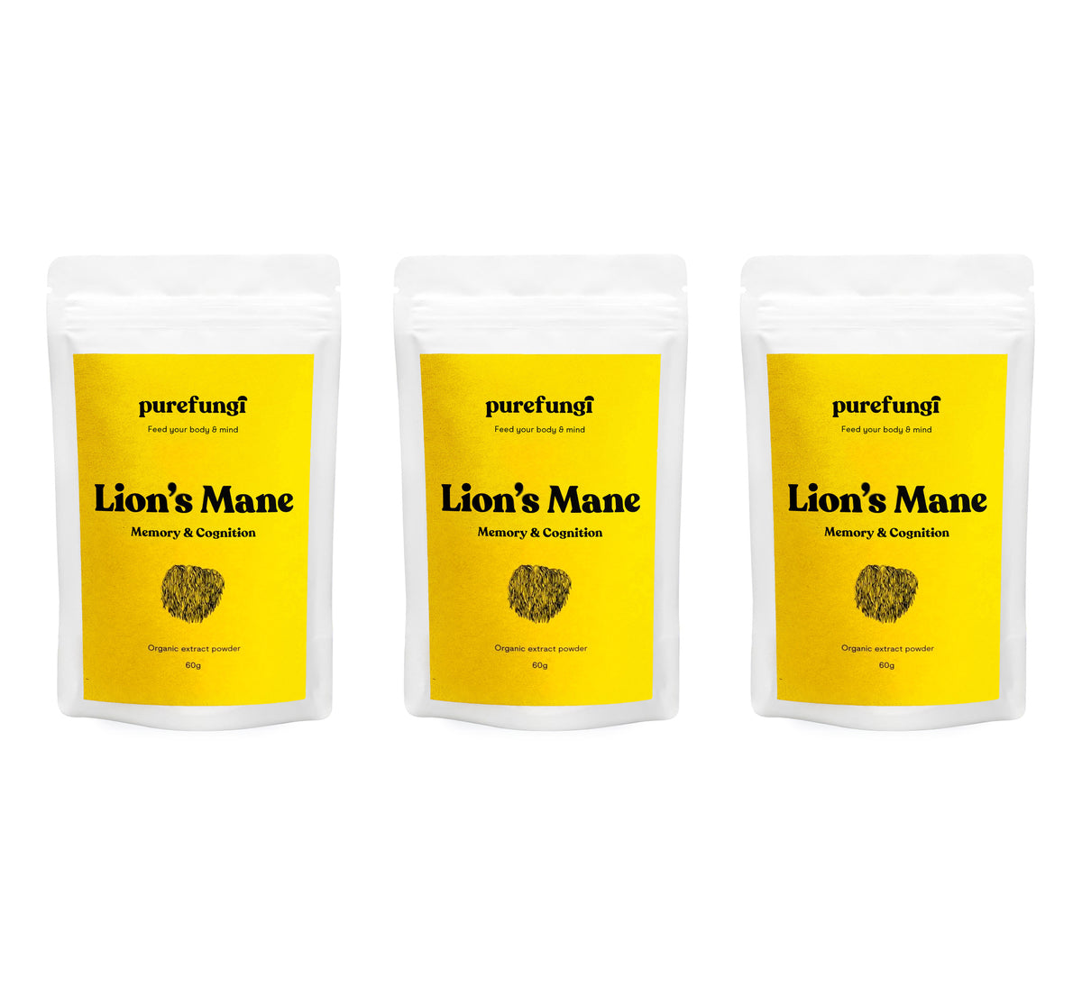 Pure Fungi Lion's Mane Powder Triple Pack: three Lion's Mane powder pouches with yellow labels, side by side on a white background