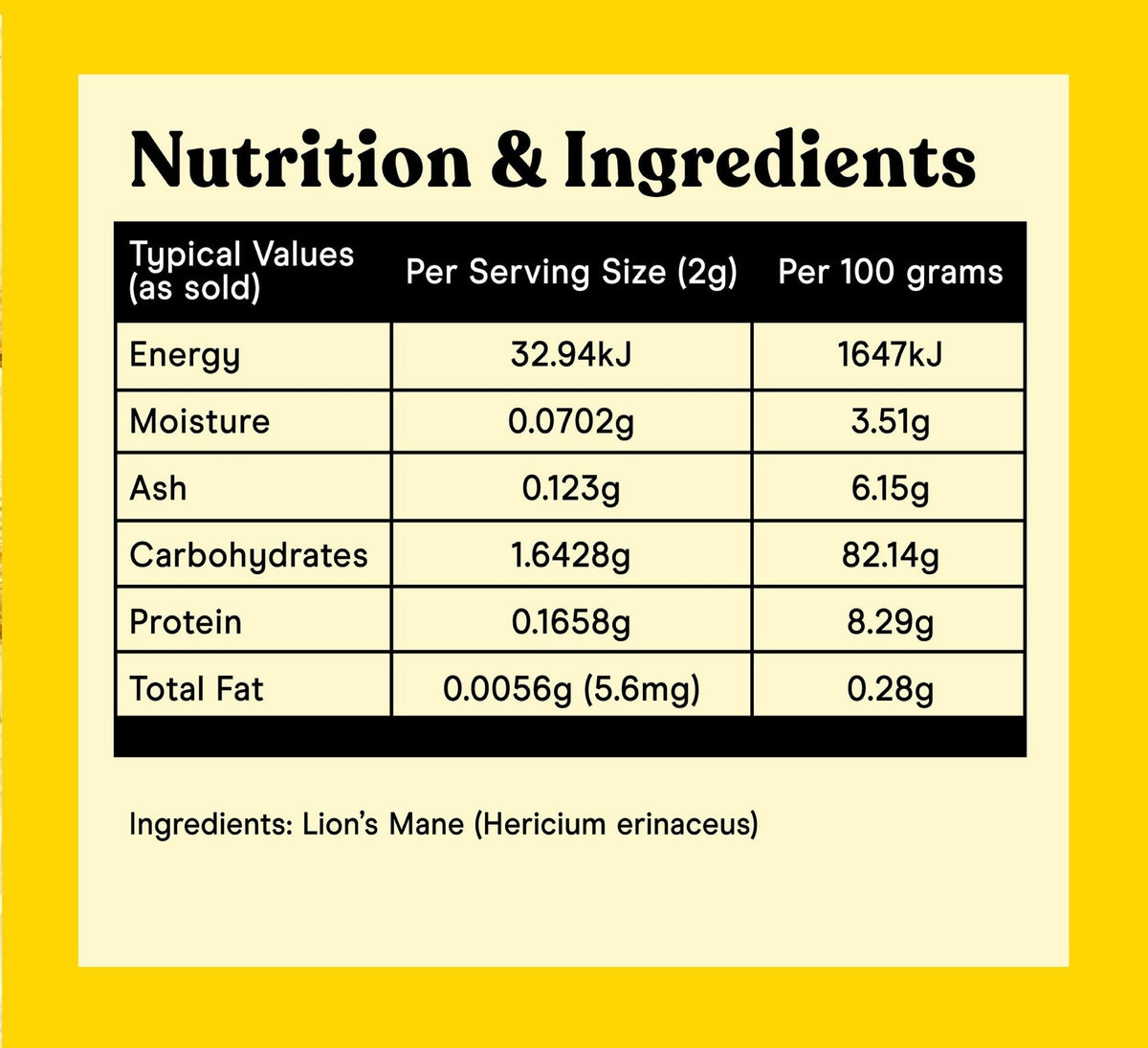 Nutrition and ingredients table, Lion's Mane extract powder: typical values per 2g serving and per 100g, ingredient Lion's Mane (Hericium erinaceus)