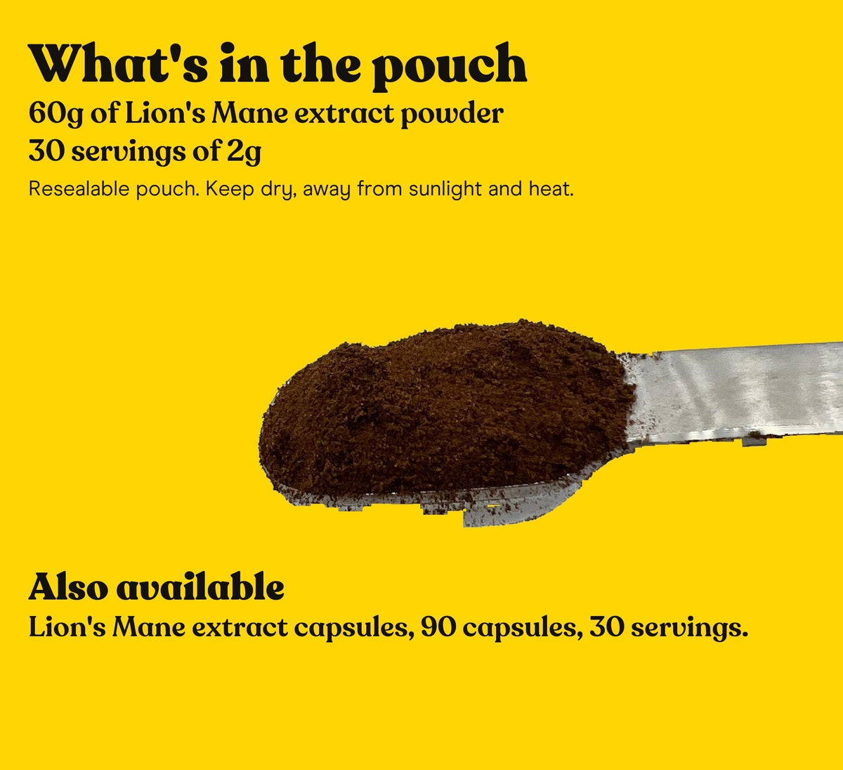 A level teaspoon of Lion's Mane extract powder held over a cup of coffee: one serving is up to 2g, once or twice a day