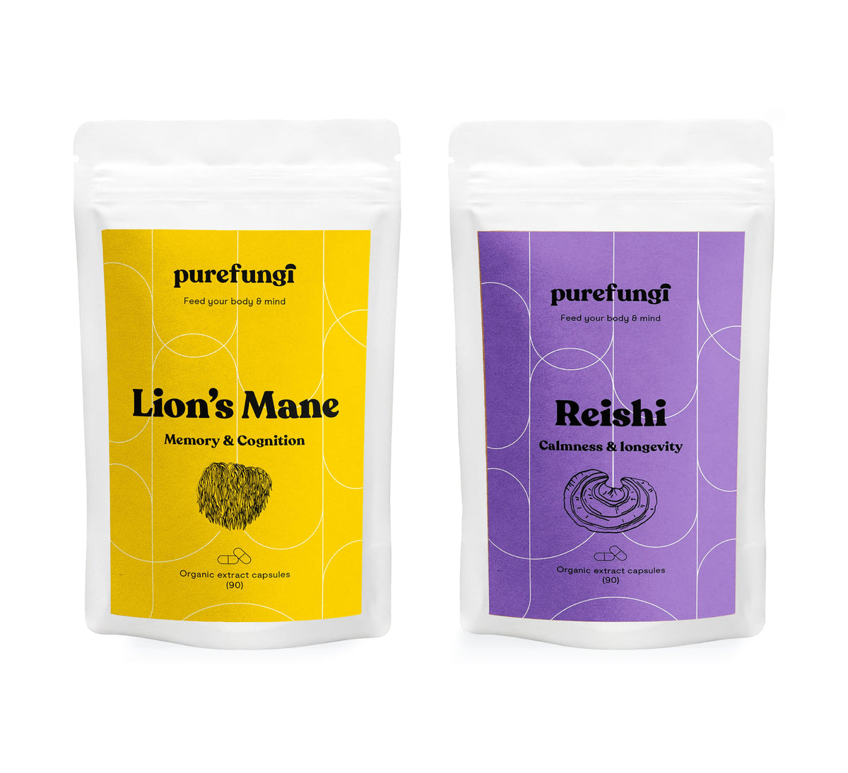 Pure Fungi Lion's Mane & Reishi Capsules Duo: a Lion's Mane capsules pouch with a yellow label and a Reishi capsules pouch with a purple label, side by side on a white background