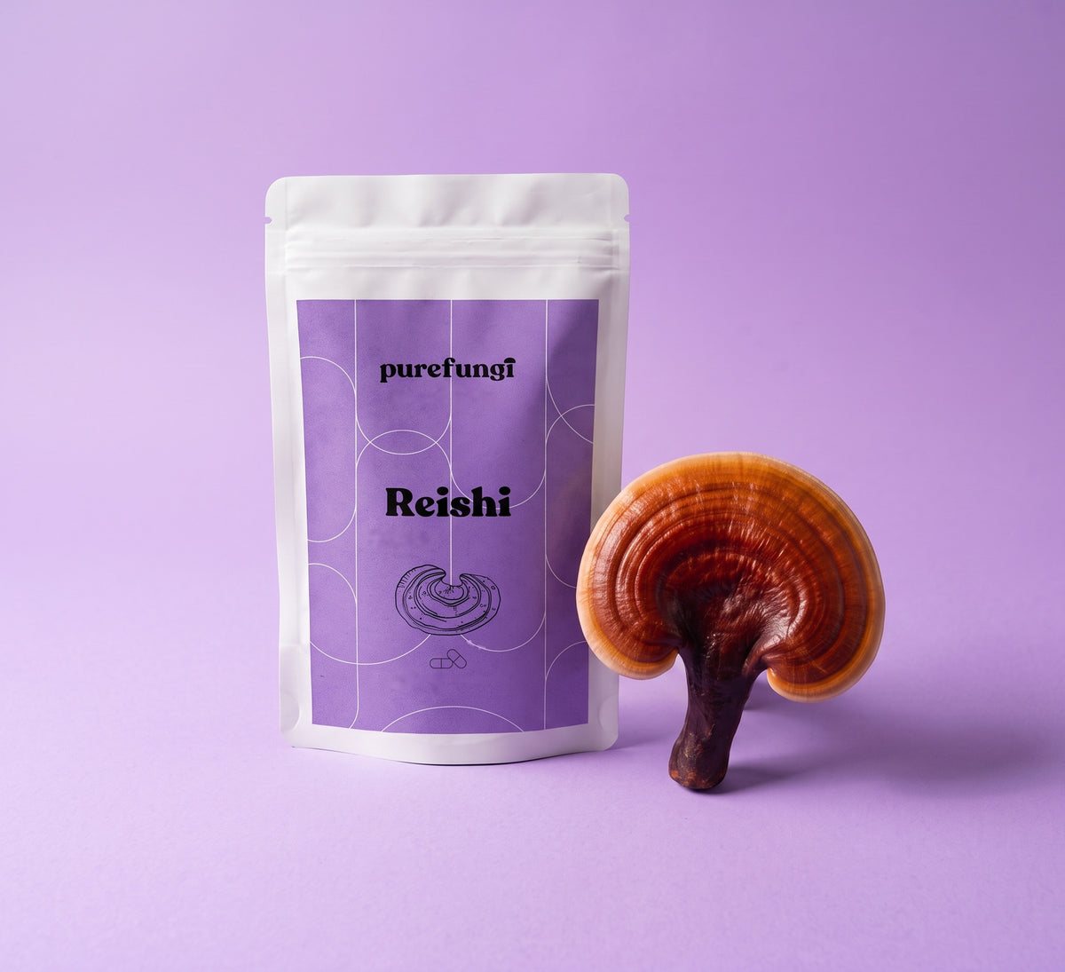 Pure Fungi Reishi Mushroom Extract Capsules, pouch with a purple label, beside a Reishi mushroom (Ganoderma lucidum) on a lilac backdrop