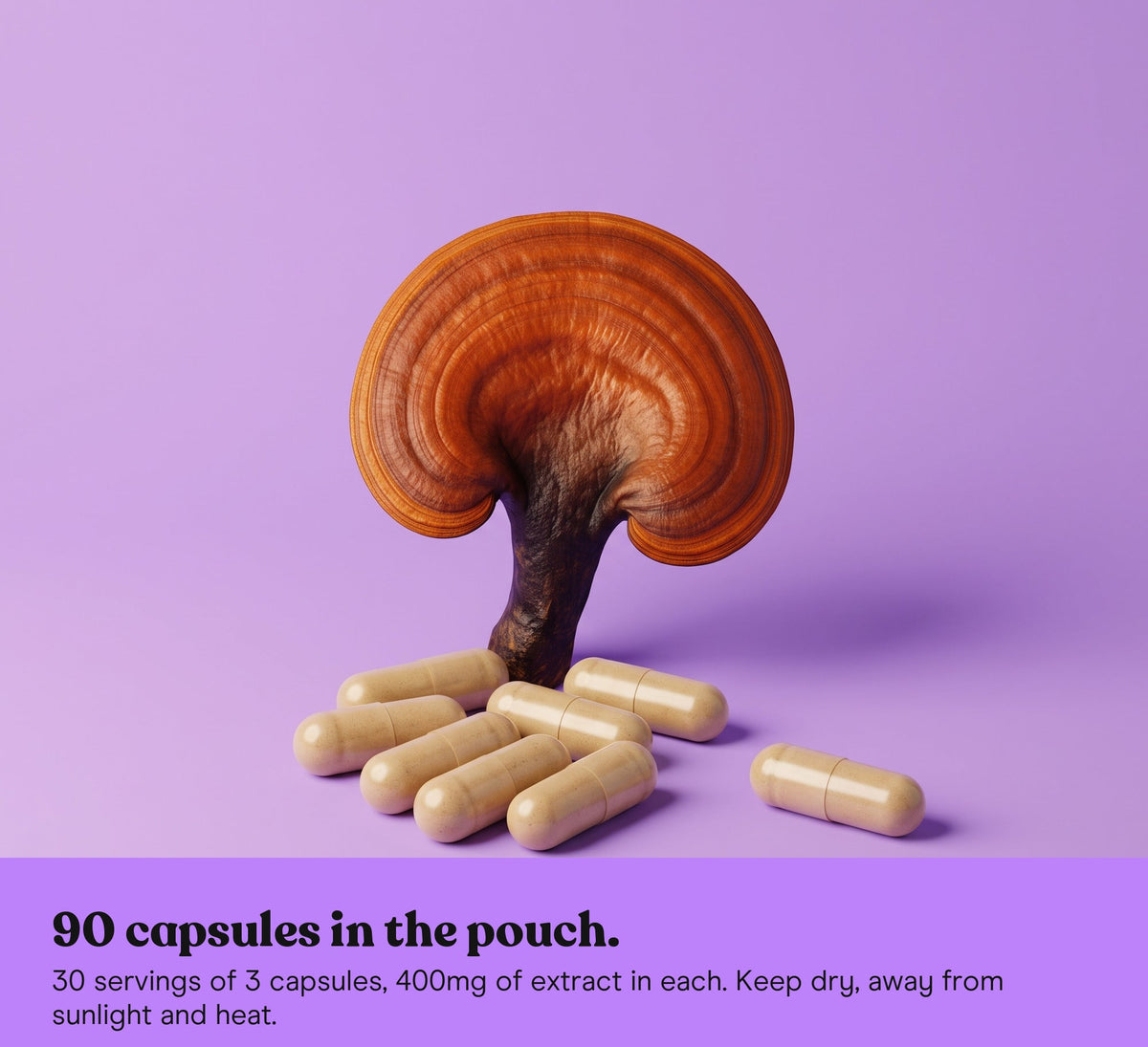 Reishi mushroom beside three Reishi extract capsules: 90 capsules in the pouch, 30 servings of 3 capsules, 400mg of extract in each