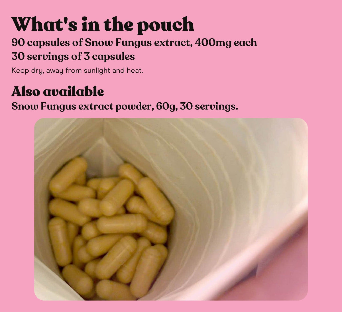 Three Snow Fungus extract capsules in an open hand: one serving is 3 capsules, once or twice a day, with water
